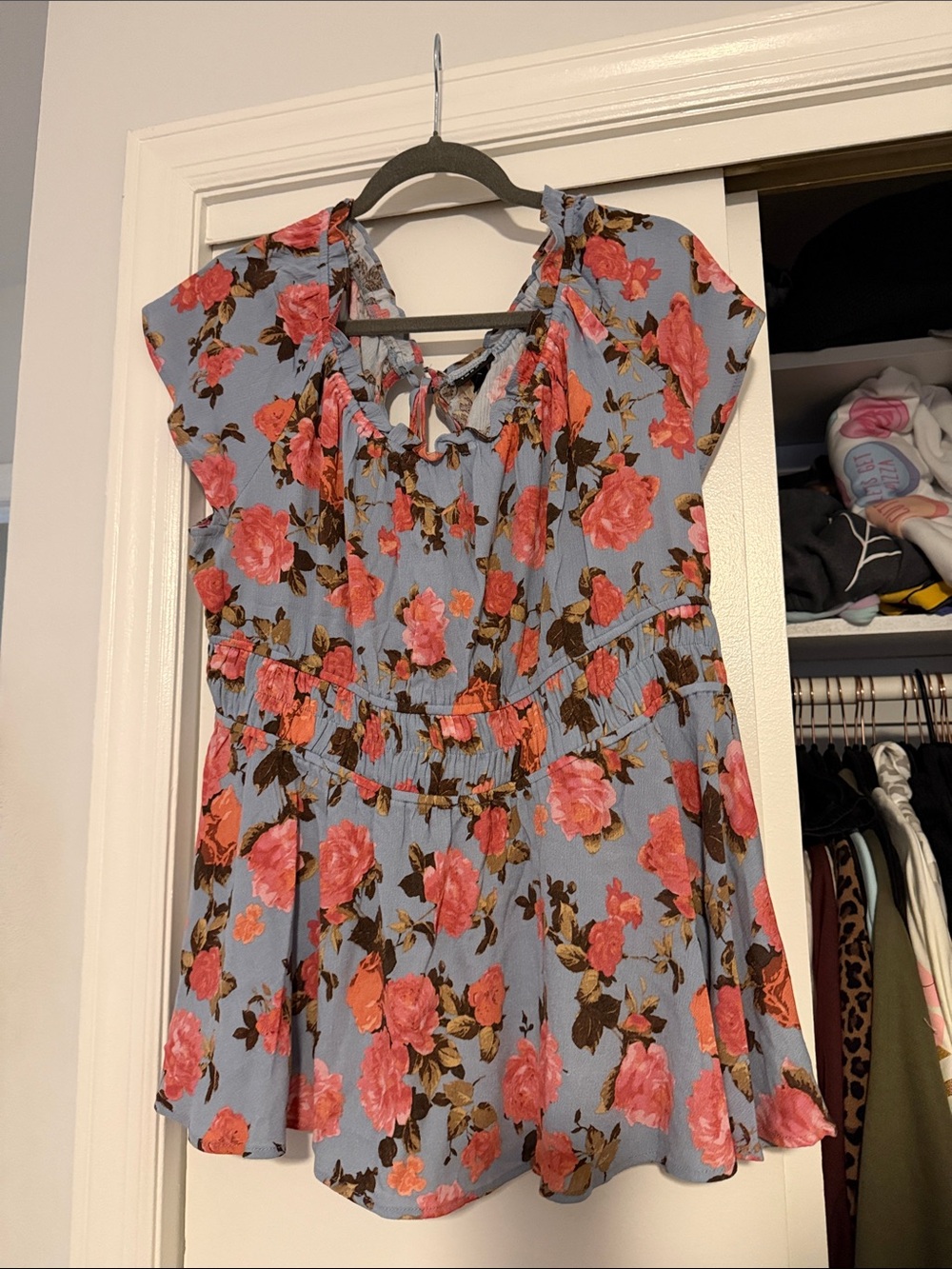 torrid Blue Floral Peplum Blouse with Pink Roses